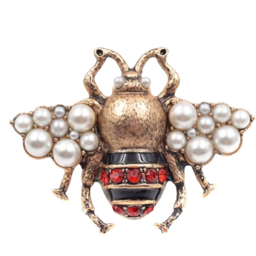 Elegant Gold and Red Bee Brooch